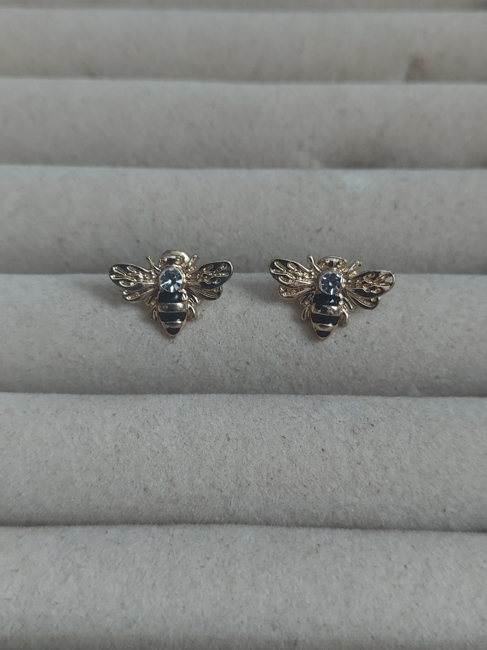 Gold Bee Stud Earrings with Black and Silver Accents - Women Jewelry